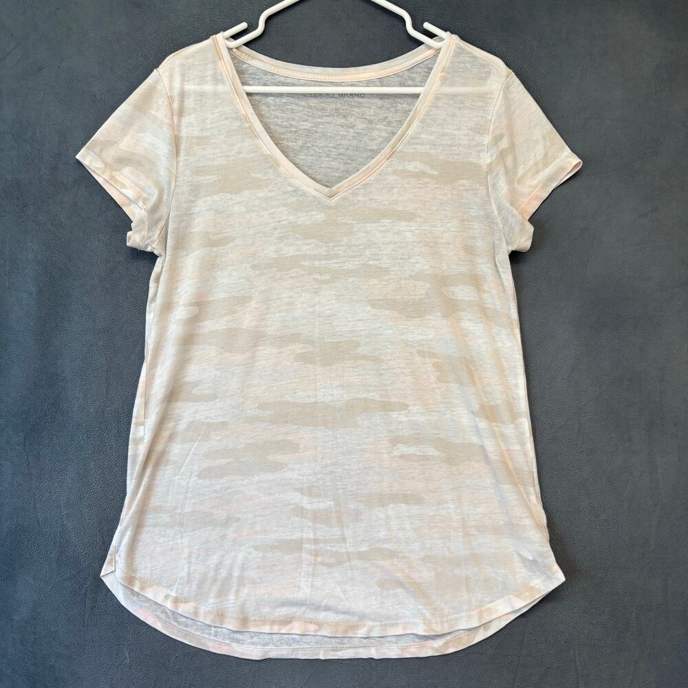 Lucky Brand Beige Camo V-Neck Tee Women’s Medium Soft Lightweight Top Boho Yoga